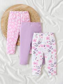 SHEIN Vintaside Kids Conjunto de 3 piezas de mallas con diseño de volantes, estampado de flores y estampado de leopardo para bebé niña, casual y versátil