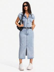 SHEIN PETITE 女式休闲街头时尚翻盖口袋蝙蝠袖修身牛仔连身裤连衣裙 - 淺色水洗藍 - 查看 3