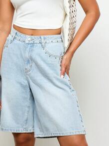 AiiRZ Premium Wide Leg Studded Denim Jorts Bermuda Length Casual Summer Festival Beachwear Y2K Retro High Waisted Knee Length Studded Embellishment