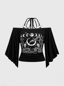 ROMWE Goth Camiseta de talla grande con escote descubierto, estampado de serpiente y luna creciente en estilo gótico con adornos
