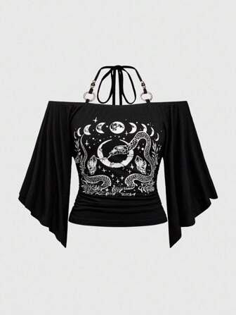 Goth T-shirt surdimensionné gothique avec imprimé de serpent et de lune croissante, avec épaules dénudées et perles