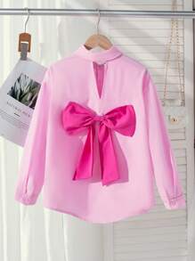 Elladie kids Tween Girls Shirt, New Pink Long Sleeve Blouse, Cute, Casual & Comfortable Long Sleeve, Hollow-Out Back With Bow Decor, Adorable, Relaxed Vibe, Contrasting Color Design, Fashionable & Academic Style Fall Winter - Pink - View 2