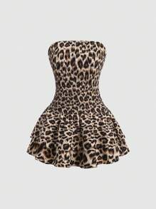 Sweetra Leopard Print Strapless Shirred Waist Ruffle Hem Dress - Apricot - View 1