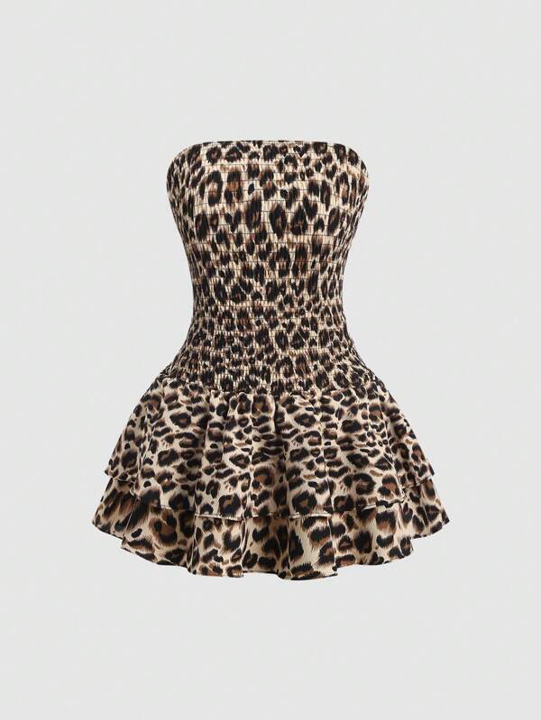 Sweetra Leopard Print Strapless Shirred Waist Ruffle Hem Dress