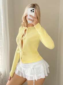 Sweetina Women's Solid Color Yellow Cardigan With Bow Front Fall Women Cardigan
