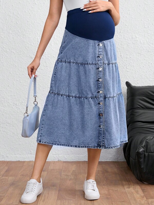 SHEIN Adjustable Waist Single-Breasted Casual Denim Skirt For Pregnant Women