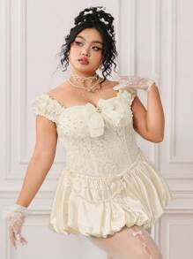 ROMWE ROMWE EDITION Abito in stile vintage reale kawaii con perline e tessuto in pizzo, senza schienale, con texture in raso e linea ad A, adatto come abito da sposa per taglie forti