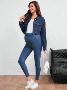 SHEIN Maternity Long Sleeve Single Breasted Casual Pocket Denim Jacket