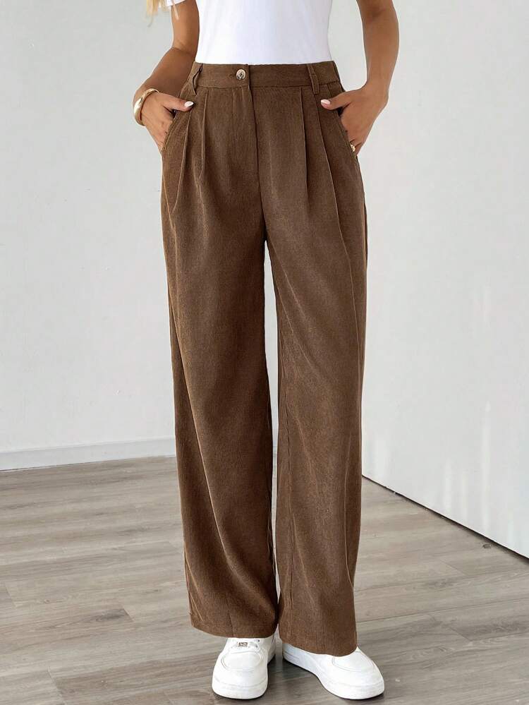 Women's Minimalist Casual Solid Color Pleated Slant Pocket Straight Leg Pants Brown Pants High Waisted Pants Wide Leg Pants Pleated Pants Brown Wide Leg Pants Pants For Women Baggy Pants Fall Women Clothes Back To School Clothes