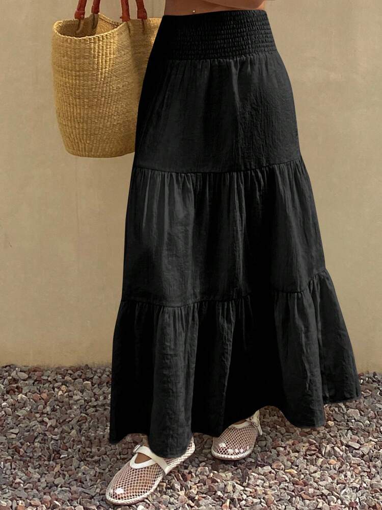 Women's Lightweight Summer Vacation Solid Color Textured Ruffle Hem Skirt