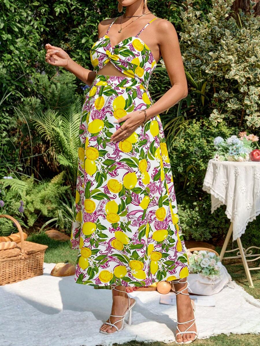 Lyckli Pregnant Women Fruit Print Hollow Out A-Line Sleeveless Dress, Suitable For Vacation, Spring & Summer, Beach - Multicolor - View 1