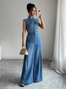Elenzga Combinaison en jean à jambes larges avec design élégant de poche - Jean clair - Voir 1