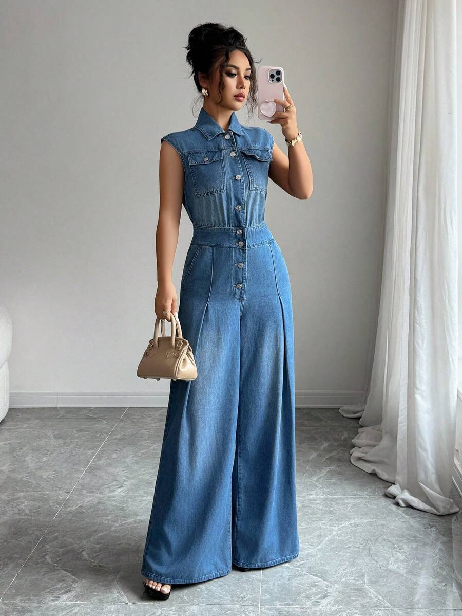 Elenzga Combinaison en jean à jambes larges avec design élégant de poche - Jean clair - Voir 1