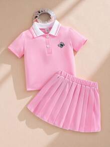 Souflis Souflis Baby Girls Casual Embroidered Bumblebee Polo Shirt And Pleated Skirt Set, Summer - Pink - View 7