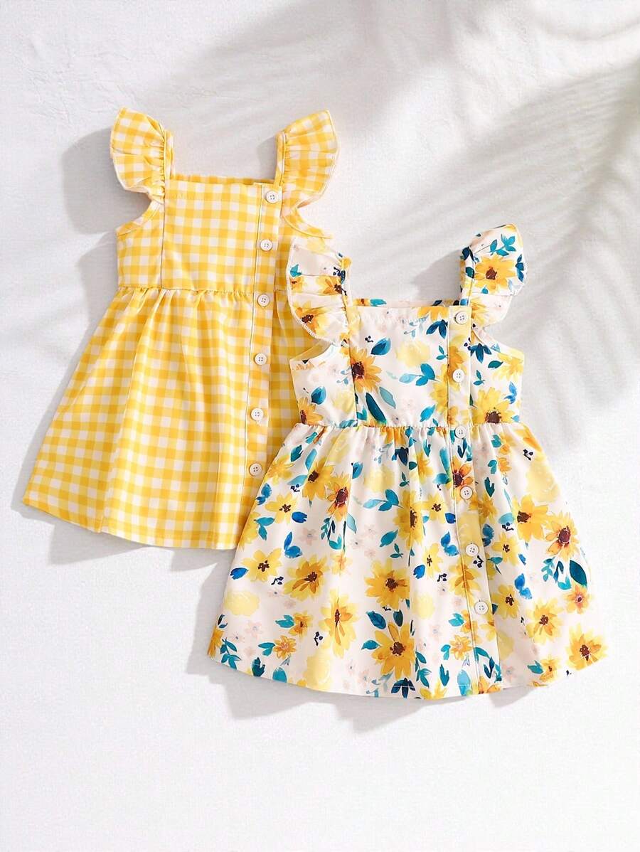 SHEIN Playful Pals 2 件装女婴格子和花卉印花短袖纽扣连衣裙,夏季度假可爱服装,适合圣诞节 - 黃色 - 查看 1