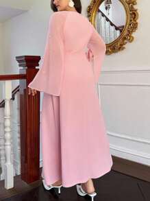 Firerie Plus Size Romantic Pink Chiffon Patchwork Square Neck A-Line Dress, Suitable For Renaissance Fair, Graduation,Formal Dresses For Women - Pink - View 2