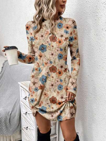 SHEIN LUNE 1pc Women's Casual Retro Floral Print Twist Knot Dress, Suitable For Autumn And Winter Boho Chic Dress,Casual