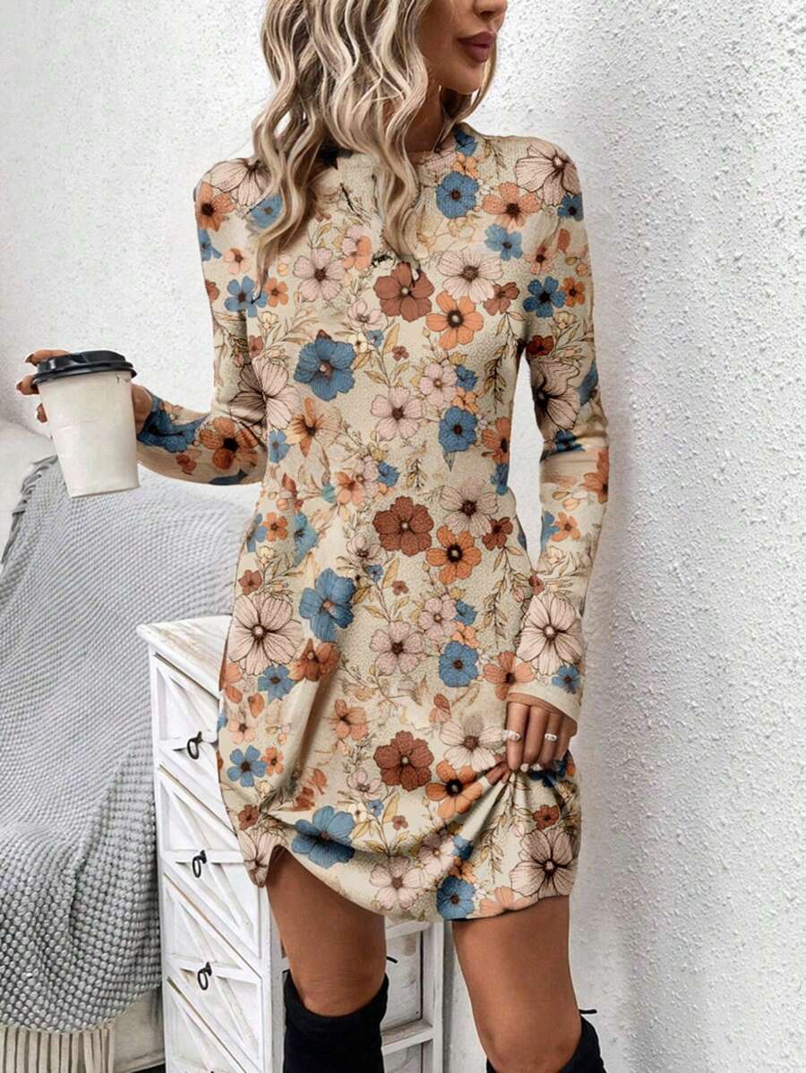 SHEIN LUNE 1 chiếc đầm nữ kiểu dáng thường ngày, họa tiết hoa retro, thắt nút, thích hợp cho mùa thu đông, phong cách boho chic, thường ngày. - trắng - Xem 1