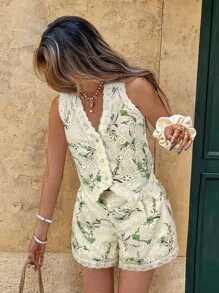 Serisse 2件套女士度假刺绣纽扣背心和短裤休闲装 - 綠色 - 查看 1