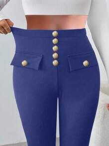SHEIN Unity Women's Elastic High Waist Button Decor Skinny Pants Fall Cloth For Women - Blue Power - View 3
