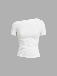 Ellevyn Camiseta de mujer casual de cuello asimétrico arrugado, para el verano - Café integral - Ver 7
