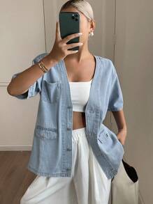 Livesso 女士V领短袖宽松休闲牛仔夹克 - 藍色 - 查看 3