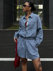 Livesso 女士夏季休闲牛仔衬衫和短裤套装 - 藍色 - 查看 2