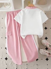 Tween Girls' Summer Casual Patchwork Collar Short Sleeve T-Shirt And Cargo Pants Set - White - View 2
