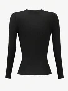 INAWLY 女士蝴蝶结图案刺绣黑色长袖 T 恤 - 黑色 - 查看 2