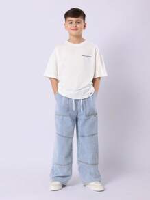 SUMWON 阔腿牛仔裤滑板风格宽松裤抽绳腰青年街头服饰秋冬系列 - 淺色水洗藍 - 查看 2