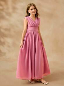 SHEIN Tween Girls' Solid Color Pleated V-Neck Sleeveless Party Dress - Baby Pink - View 6