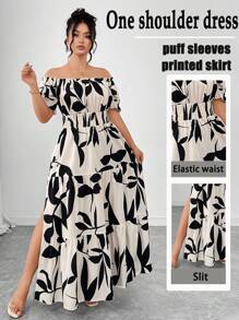 Elenzga 大码女式休闲优雅长裙，春夏露肩荷叶边领，系腰带海滩度假连衣裙，适合日常穿着，宽松舒适，浪漫休闲优雅通勤机场装