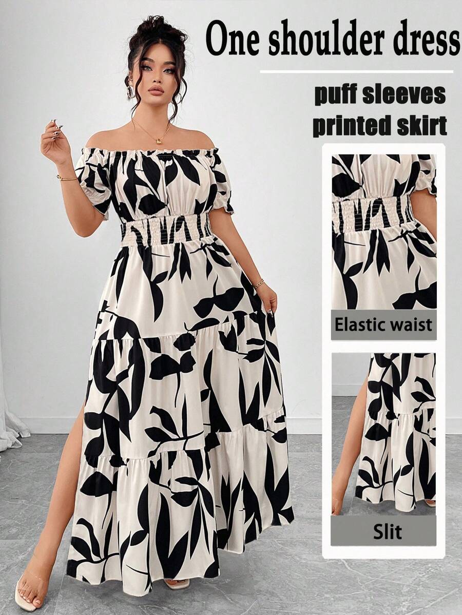 Elenzga 大码女式休闲优雅长裙，春夏露肩荷叶边领，系腰带海滩度假连衣裙，适合日常穿着，宽松舒适，浪漫休闲优雅通勤机场装