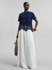 Ontre 2025 女式夏秋短袖 T 恤，纯色圆领，蕾丝镂空拼接，简约时尚，适合城市通勤、海滩音乐节、波西米亚风商务休闲、办公室穿着 - 藏蓝色 - 查看 1