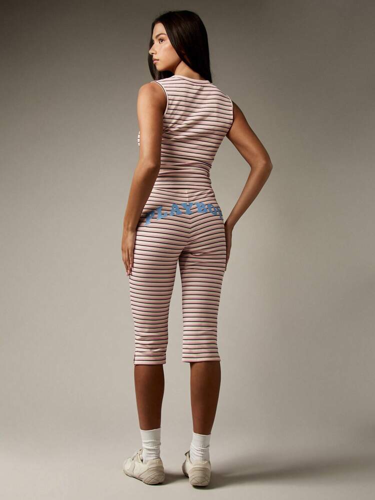 Missguided x Playboy ストライプ リブ 2ピースセット コレクション、夏物 レジャー ジャンプスーツ、七分丈ハイウエストパンツ、ノースリーブVネック