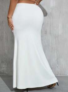 Firerie Plus Size Elegant Office Commute High Street Personalized Occasion Maxi Skirt, Wedding Season, Romantic Date, Music Festival, Dinner Party, V-Neck, Bodycon Fit, Solid White, For Back To School - White - View 7