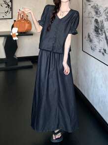 DAZY 女士休闲水洗衬衫和牛仔裙两件套 - 藍色 - 查看 5