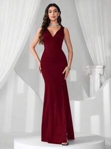 Coutiva Vestido largo con escote en V profundo, parches de malla, espalda descubierta, con brillos y abertura para estilo sirena