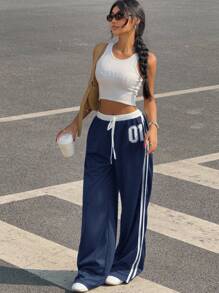 Muchica 女式休闲低腰海军蓝和白色撞色字母印花裤 - 藏蓝色 - 查看 3