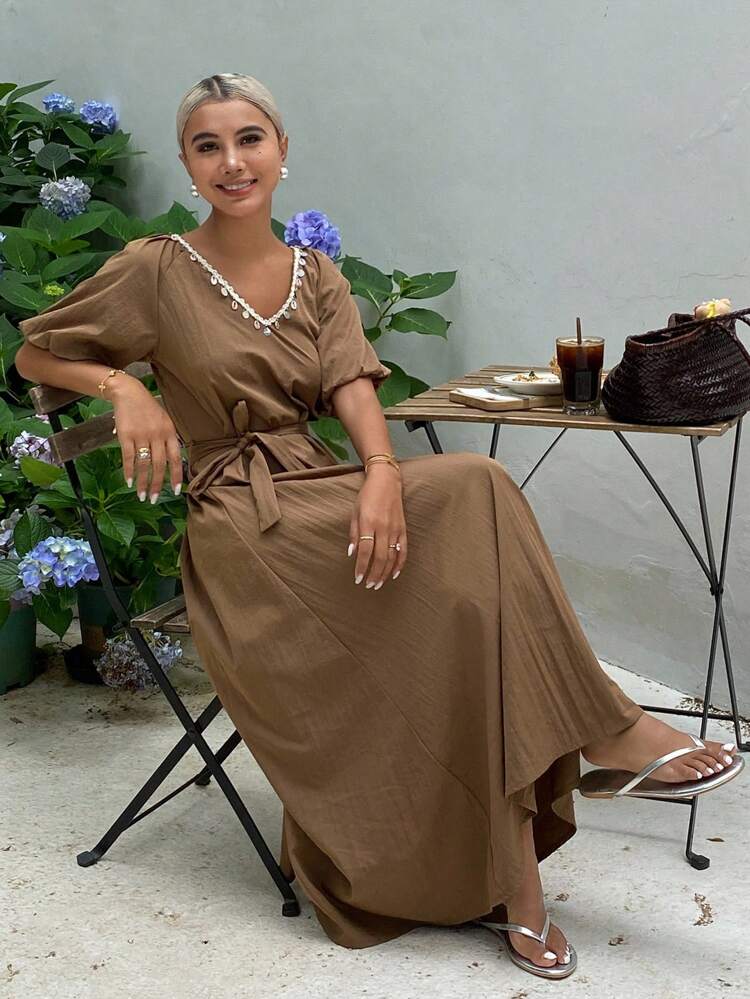 Patchwork Lace Trim Princess Sleeve V-Neck Dress With Belt, Casual Vacation Dress For Women, Autumn,Teacher Outfits Maxi Dress
