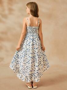 青少年女孩无袖多层荷叶边下摆碎花数码印花优雅派对连衣裙 - 藍色 - 查看 2