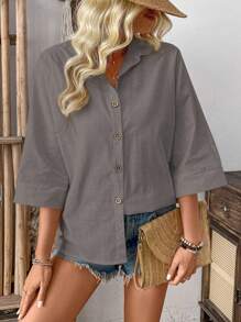 Breezaya Women's Solid Color 3/4 Sleeve Single-Breasted Casual Loose Shirt For Summer