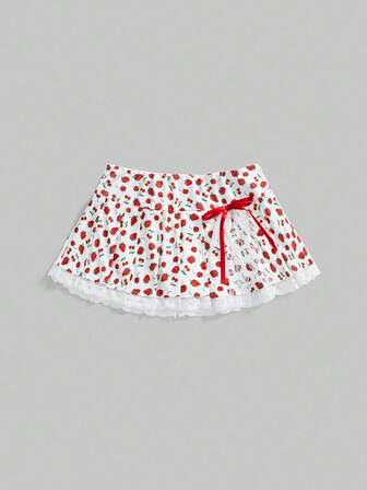 Kawaii Minifalda plisada de línea A con estampado de fresas, informal, de verano