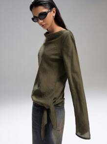 LYSMO 休闲纯色船领长袖前系带 T 恤