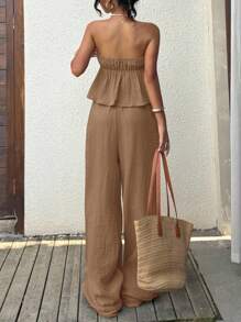 SHEIN EZwear 棕色女士梭织棉麻休闲吊带背心上衣和裤子套装 - 棕色 - 查看 2