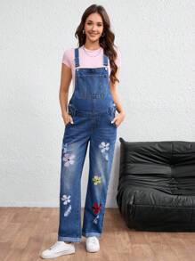 SHEIN 孕妇花卉刺绣口袋休闲牛仔背带裤