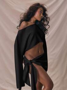 MUSERA Áo croptop dáng rộng tay loe bất đối xứng cổ lệch, thích hợp mặc đi biển, du lịch, đi chơi, dự tiệc, mùa thu, xuân, hè, lễ hội. - màu đen - Xem 2