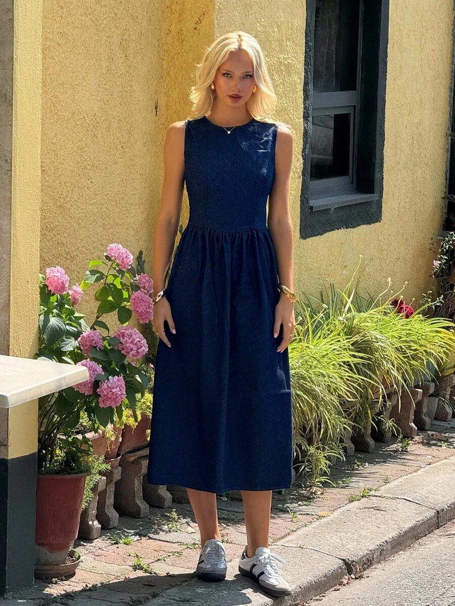 SHEIN EZwear 女式露背纯色圆领无袖中长连衣裙 - 藍色 - 查看 1