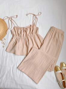 Comfortcana Women's Summer Vacation Linen Casual Solid Color Camisole And Pants Two Pieces Set, Suitable For Vacation Wear