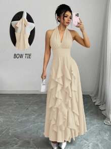 Chiquease Rafferiza Women Red Boho Romantic Elegant Wedding Guest Graduation Birthday Dresses Evening Beach Sun Dress Western Wear Concert Outfit Holiday Travel V-Neck 2025 Spring And Summer New Loose Casual Halter Random Free Straps Original Design Multi-Layered Ruffled Bow Long Maxi Dress - Apricot - View 7